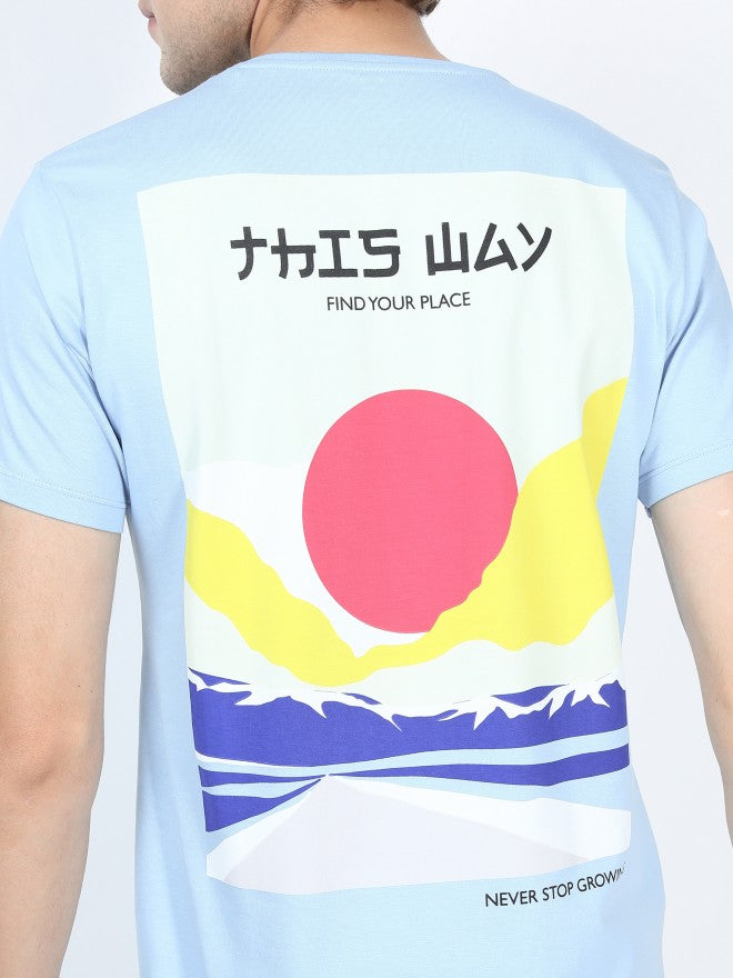 Men Airy Blue Printed Round Neck Cotton T-shirt - Blue - Image 4
