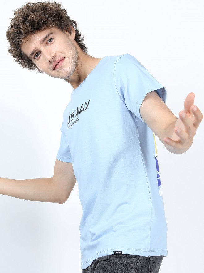 Men Airy Blue Printed Round Neck Cotton T-shirt - Blue - Image 5