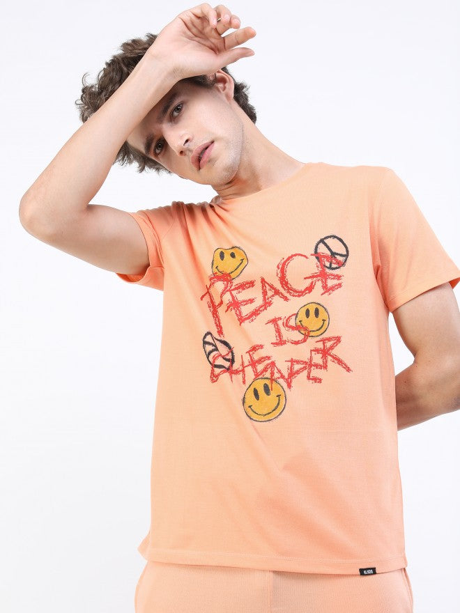 Highlander Men Peach Printed Round Neck T-Shirt - Beige - Image 1