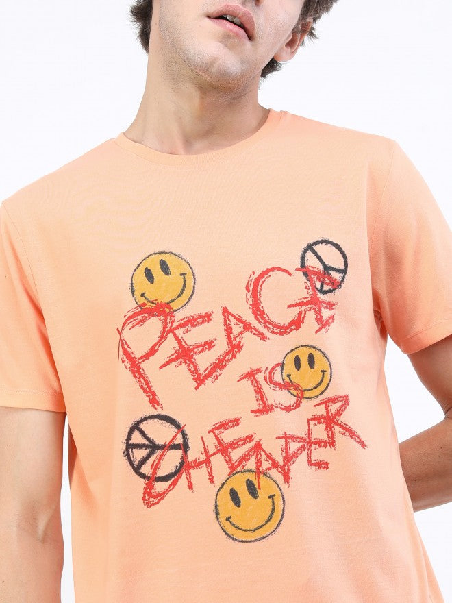 Highlander Men Peach Printed Round Neck T-Shirt - Beige - Image 4