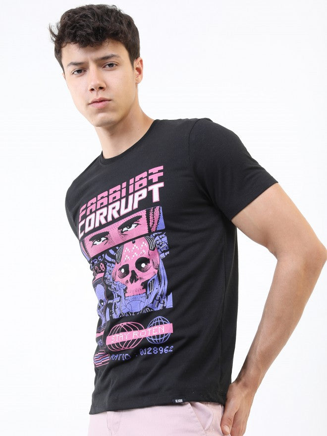 Highlander Men Black Printed Round Neck Cotton T-Shirt - Black - Image 4