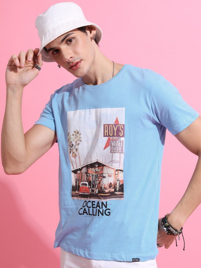 Highlander Men Airy Blue Printed Round Neck T-Shirt - Blue - Image 4