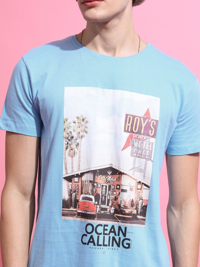 Highlander Men Airy Blue Printed Round Neck T-Shirt - Blue - Image 5