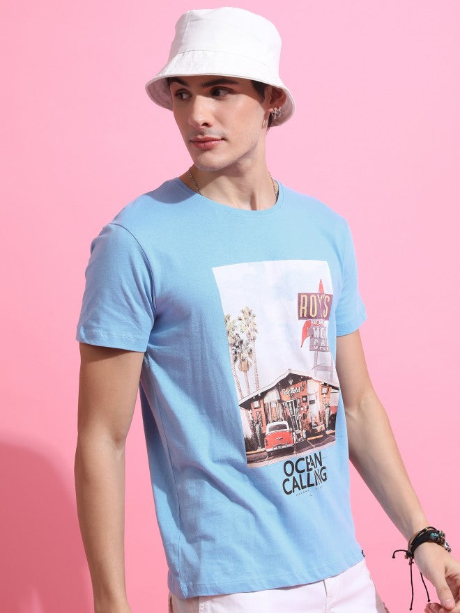 Highlander Men Airy Blue Printed Round Neck T-Shirt - Blue - Image 6