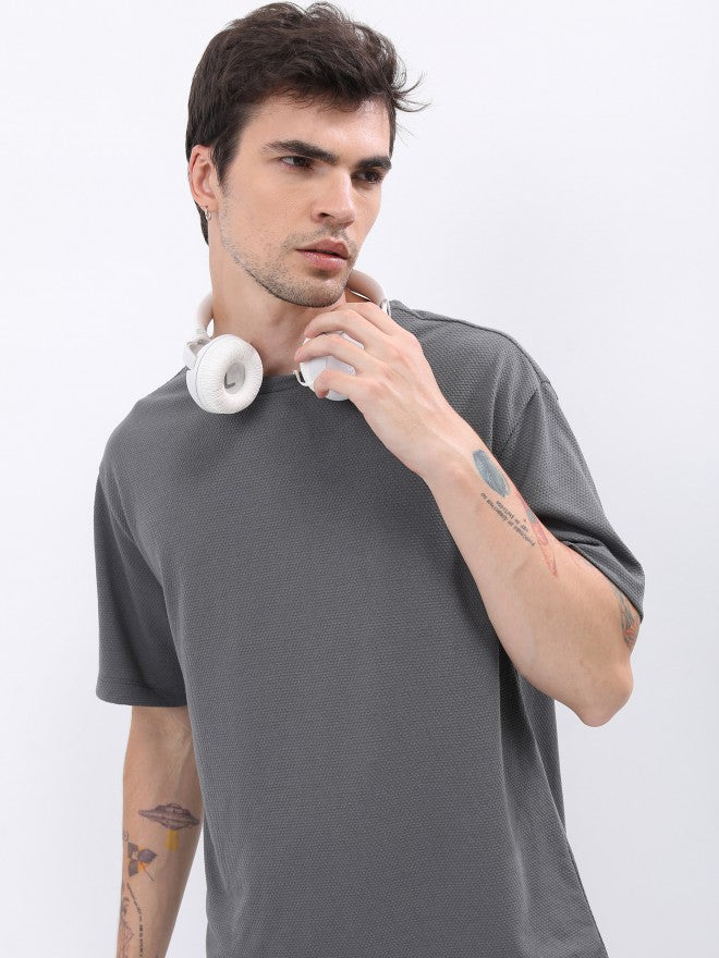 Highlander Men Structured Grey Solid Oversized Fit T-Shirt - Grey - Image 1