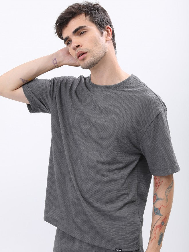 Highlander Men Structured Grey Solid Oversized Fit T-Shirt - Grey - Image 4