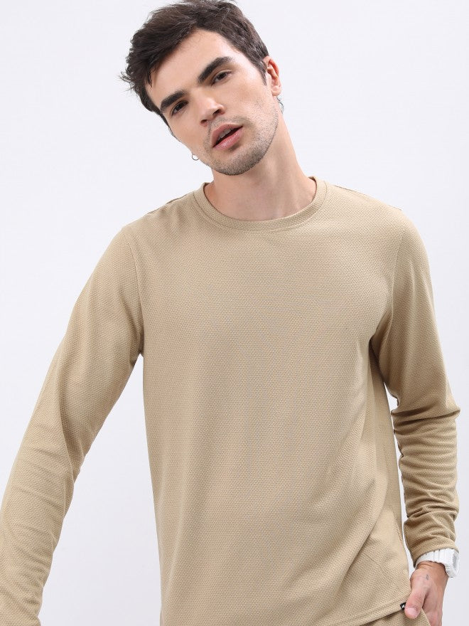 Highlander Men Structured Cream Solid Round Neck T-Shirt - Cream - Image 1