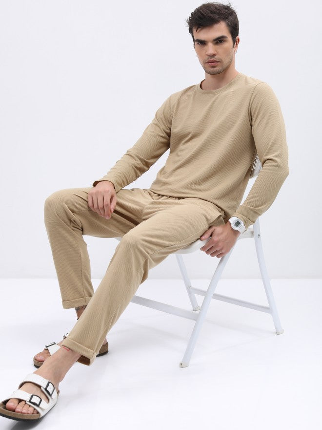 Highlander Men Structured Cream Solid Round Neck T-Shirt - Cream - Image 2