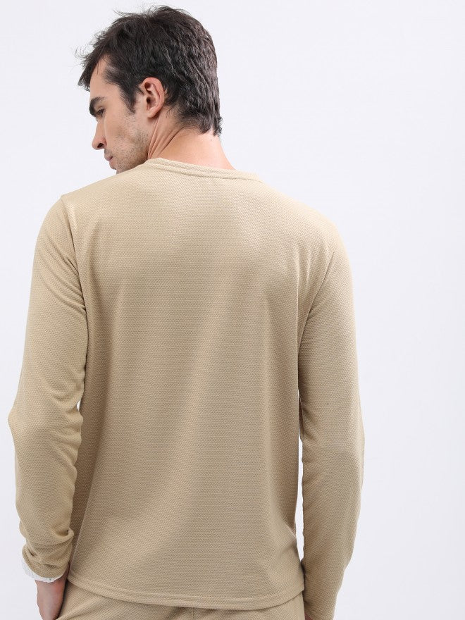 Highlander Men Structured Cream Solid Round Neck T-Shirt - Cream - Image 3