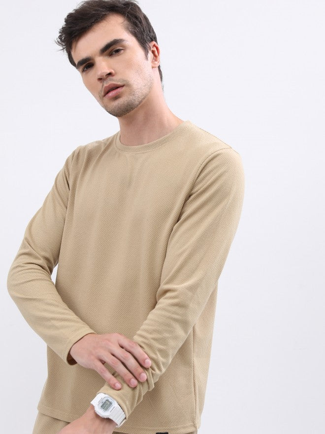 Highlander Men Structured Cream Solid Round Neck T-Shirt - Cream - Image 4