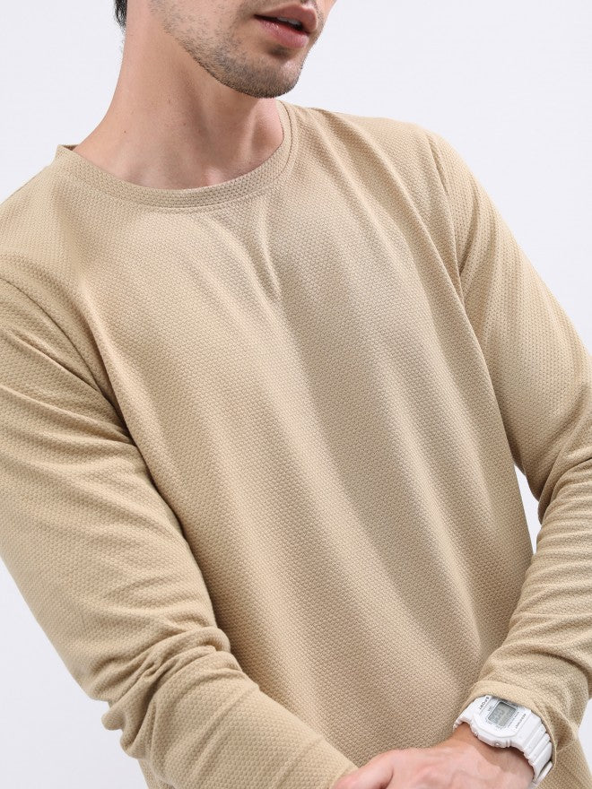 Highlander Men Structured Cream Solid Round Neck T-Shirt - Cream - Image 5