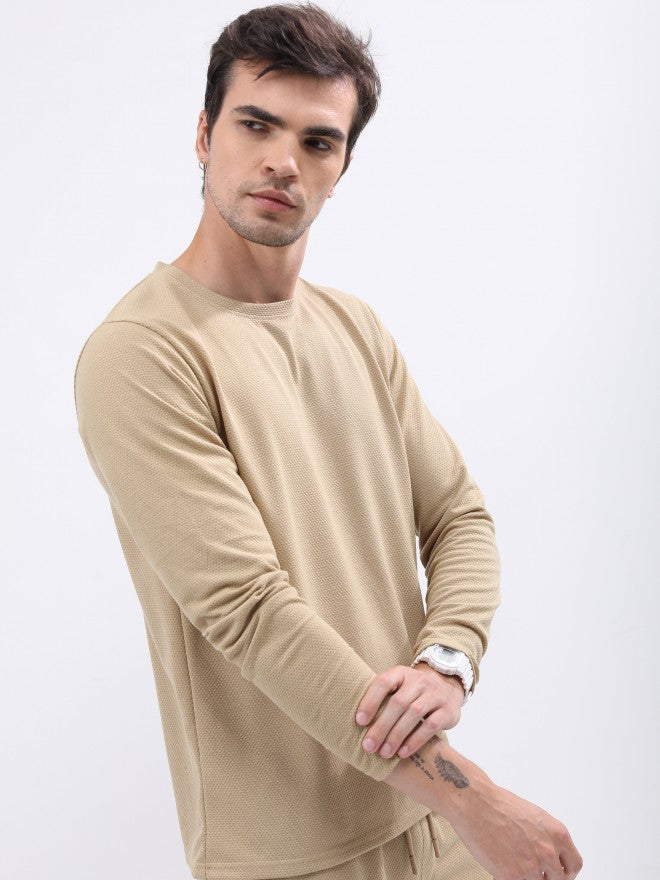 Highlander Men Structured Cream Solid Round Neck T-Shirt - Cream - Image 6