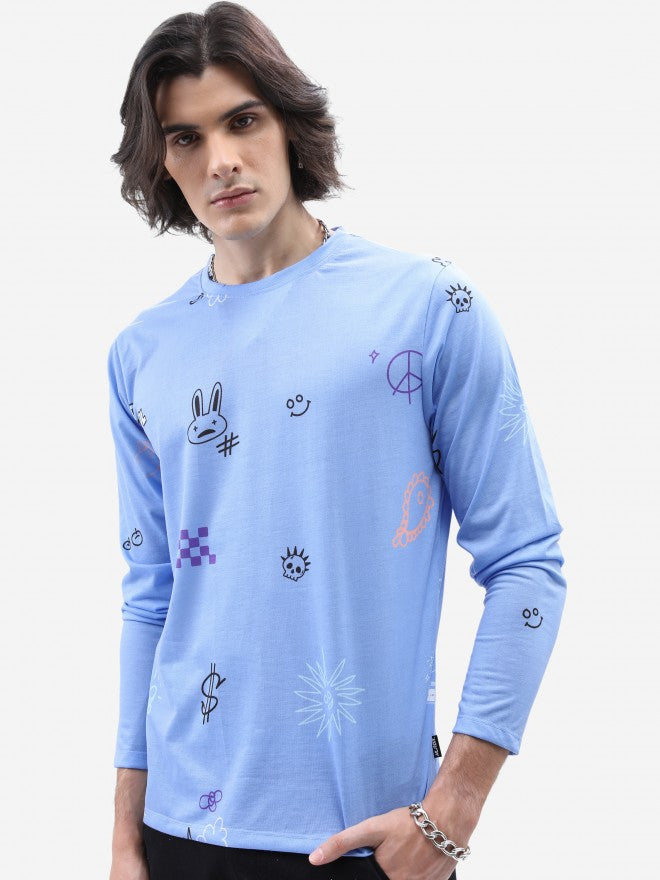 Highlander Men Blue Printed Round Neck T-Shirt - Blue - Image 1