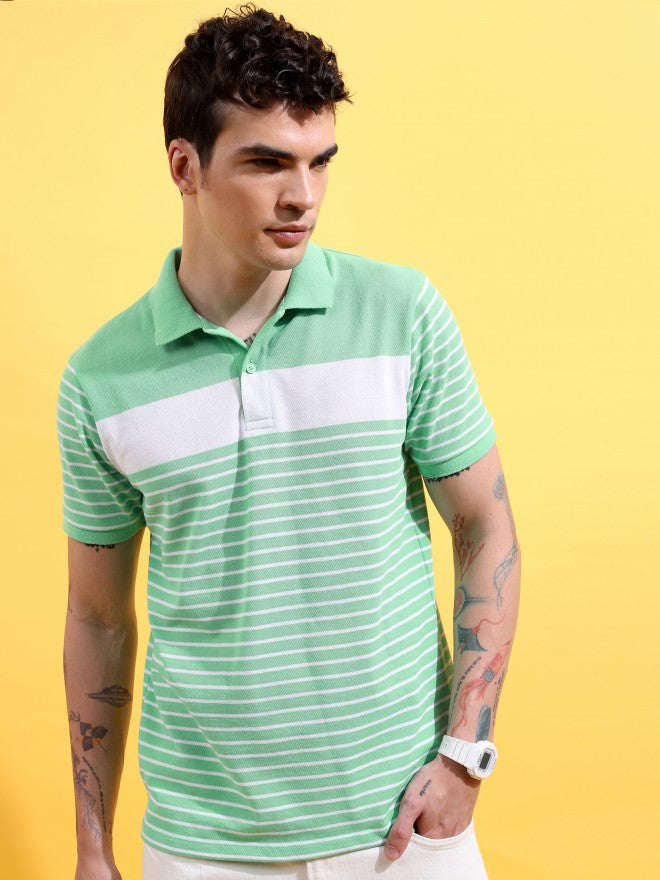 Highlander Men Green/White Striped Polo Collar T-Shirt - Green - Image 1
