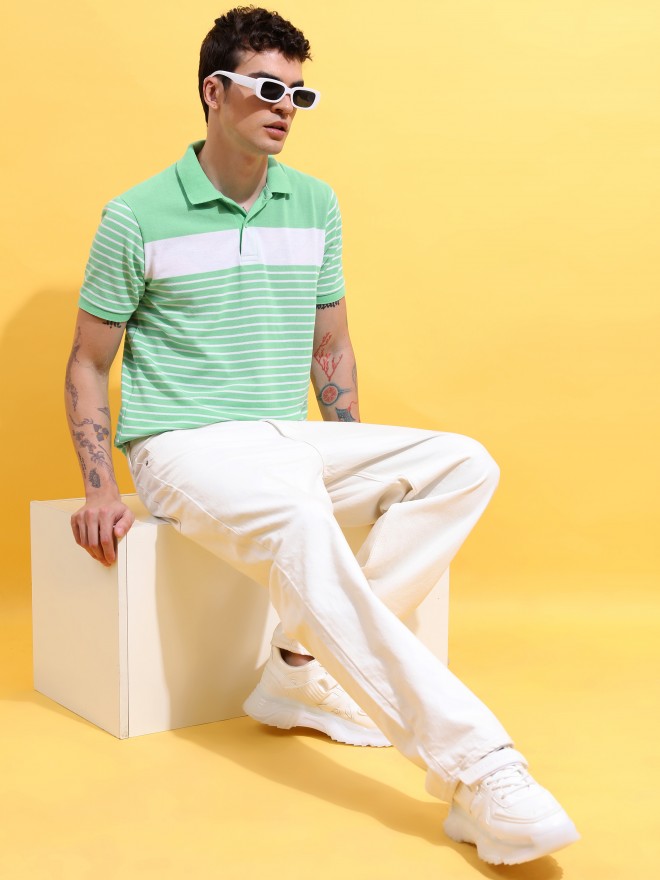 Highlander Men Green/White Striped Polo Collar T-Shirt - Green - Image 2