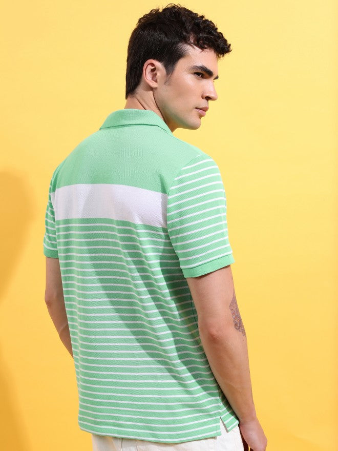 Highlander Men Green/White Striped Polo Collar T-Shirt - Green - Image 3