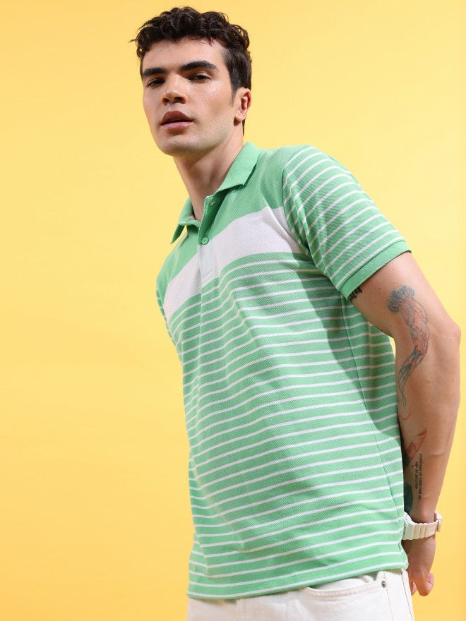 Highlander Men Green/White Striped Polo Collar T-Shirt - Green - Image 4