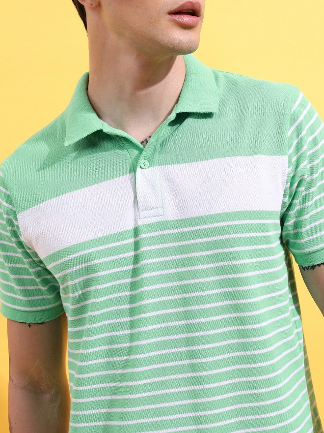 Highlander Men Green/White Striped Polo Collar T-Shirt - Green - Image 5