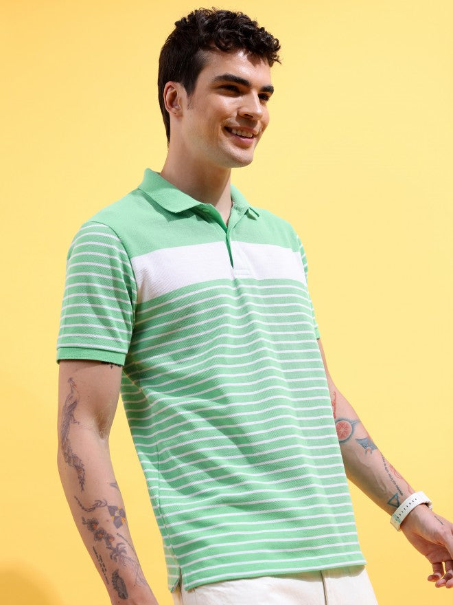 Highlander Men Green/White Striped Polo Collar T-Shirt - Green - Image 6