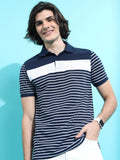 Highlander Men Navy Blue/White Striped Polo Collar T-shirt - Navy Blue - Image 1