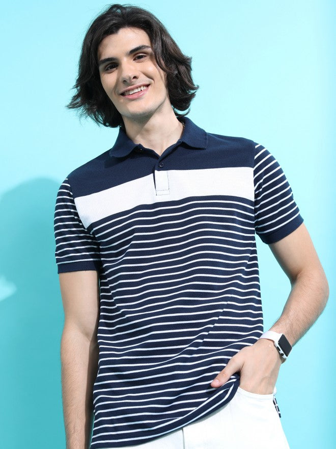 Highlander Men Navy Blue/White Striped Polo Collar T-shirt - Navy Blue - Image 1
