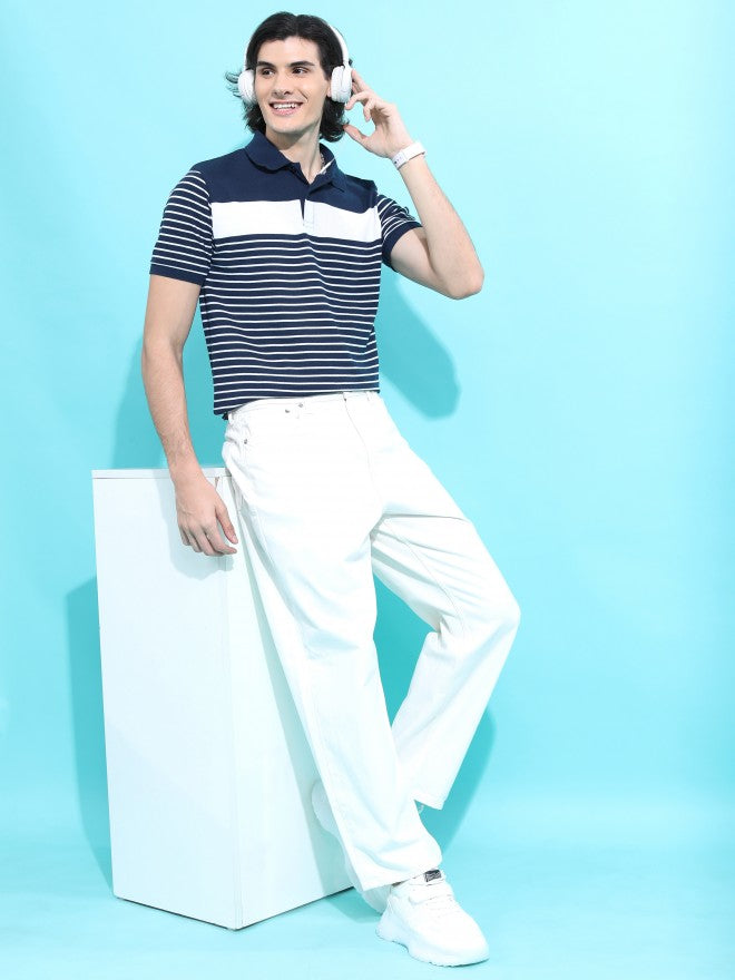 Highlander Men Navy Blue/White Striped Polo Collar T-shirt - Navy Blue - Image 2