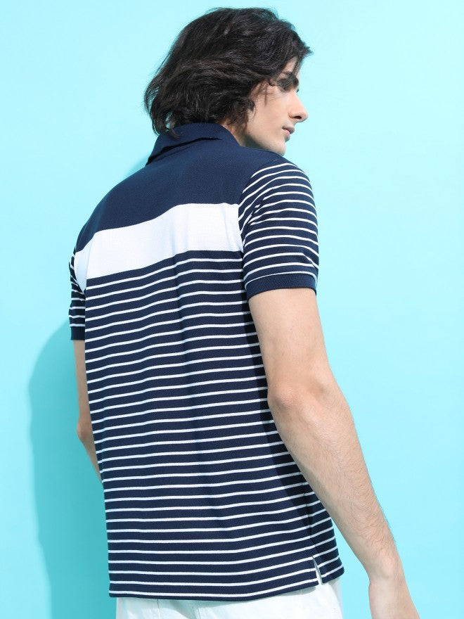 Highlander Men Navy Blue/White Striped Polo Collar T-shirt - Navy Blue - Image 3