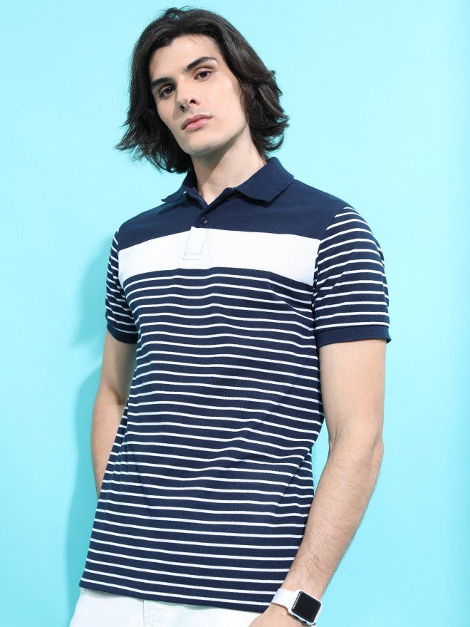 Highlander Men Navy Blue/White Striped Polo Collar T-shirt - Navy Blue - Image 4