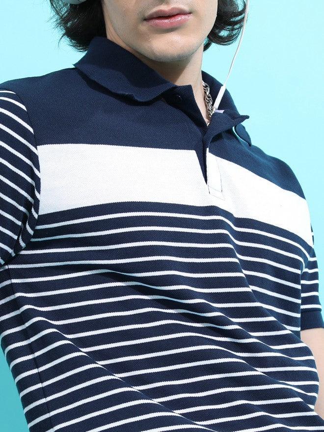 Highlander Men Navy Blue/White Striped Polo Collar T-shirt - Navy Blue - Image 5