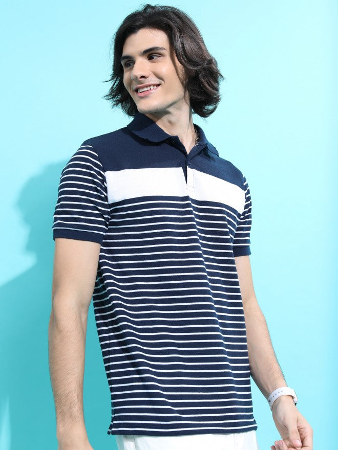 Highlander Men Navy Blue/White Striped Polo Collar T-shirt - Navy Blue - Image 6
