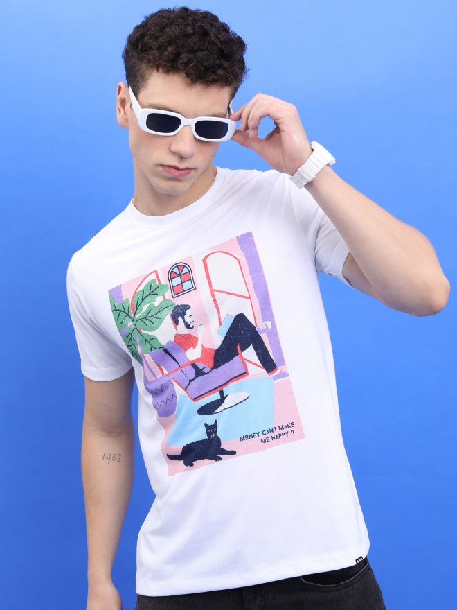 Highlander Men White Printed Round Neck Slim Fit T-Shirt - White - Image 1