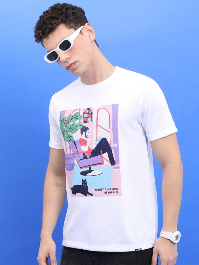 Highlander Men White Printed Round Neck Slim Fit T-Shirt - White - Image 4