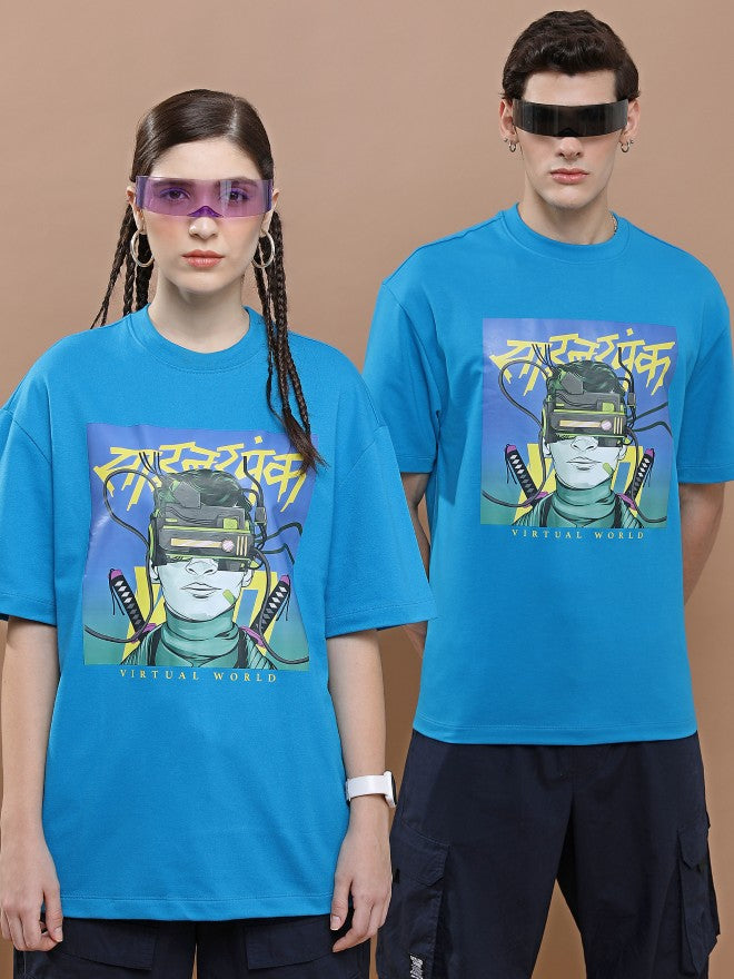 Highlander Unisex Blue Round Neck Printed Oversized Fit T-Shirt - Blue - Image 1