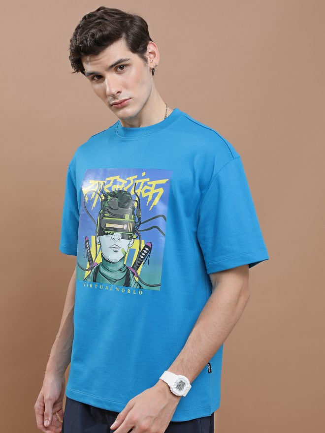 Highlander Unisex Blue Round Neck Printed Oversized Fit T-Shirt - Blue - Image 4