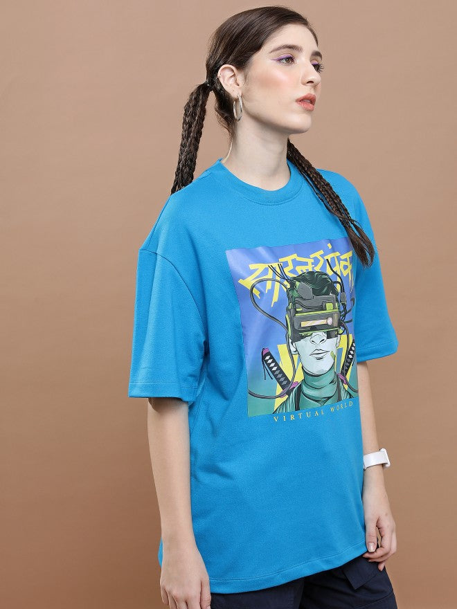 Highlander Unisex Blue Round Neck Printed Oversized Fit T-Shirt - Blue - Image 6