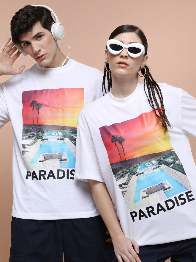 Highlander Unisex White Round Neck Printed Oversized Fit T-Shirt - White - Image 1
