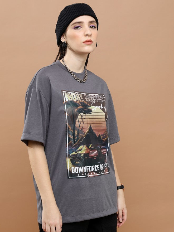 Highlander Unisex Dark Grey Round Neck Printed Oversized Fit T-Shirt - Grey - Image 6