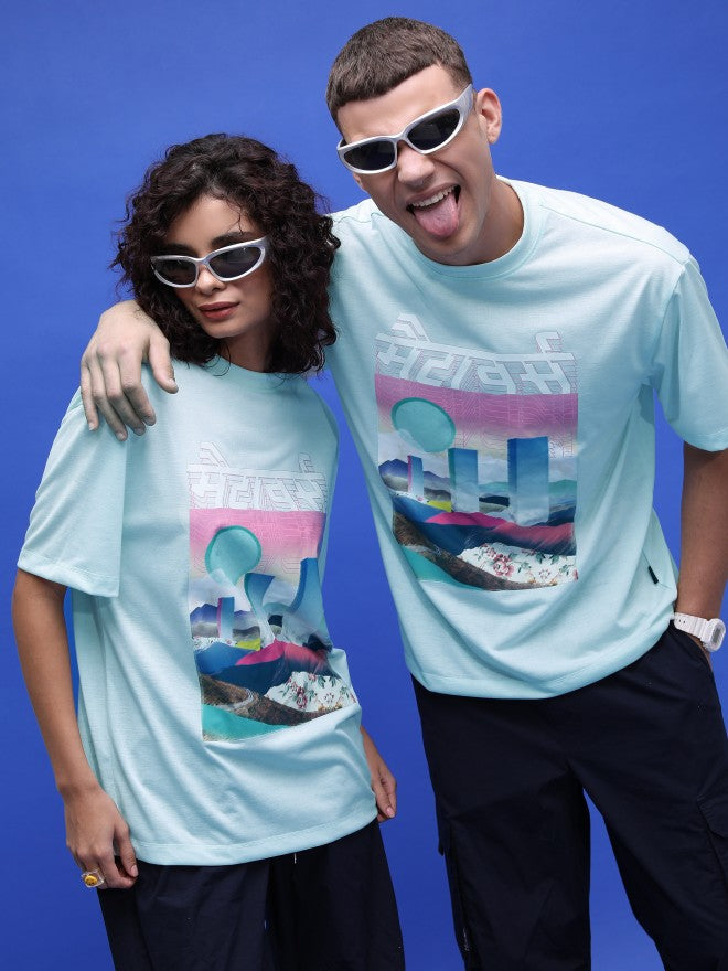 Highlander Unisex Light Blue Printed Oversized Fit T-Shirt - Blue - Image 1