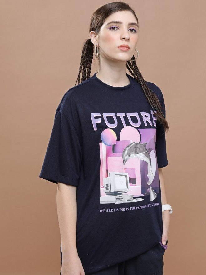 Highlander Unisex Navy Round Neck Printed Oversized Fit T-Shirt - Navy Blue - Image 6