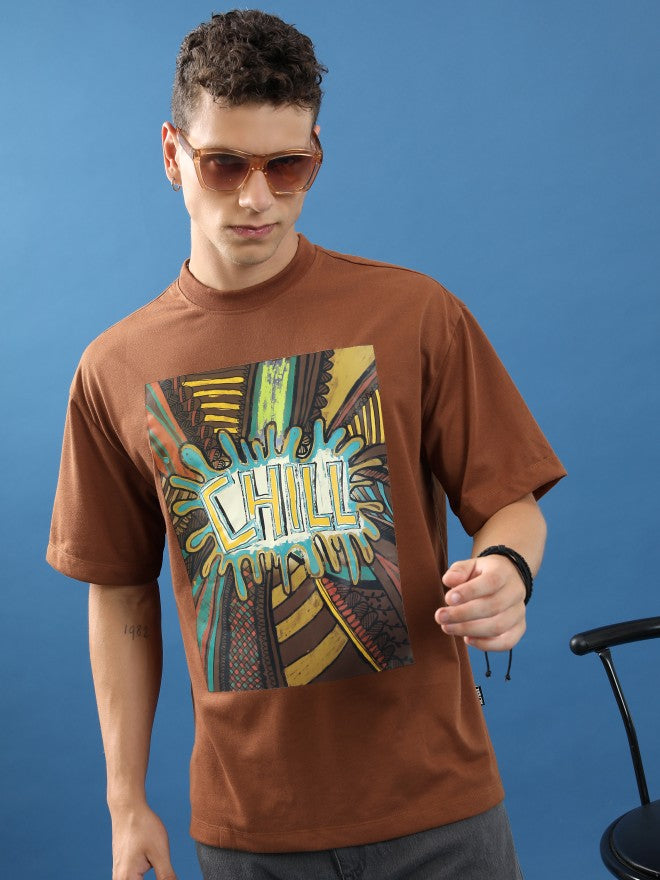 Highlander Unisex Brown Printed Oversized Fit T-Shirt - Brown - Image 1