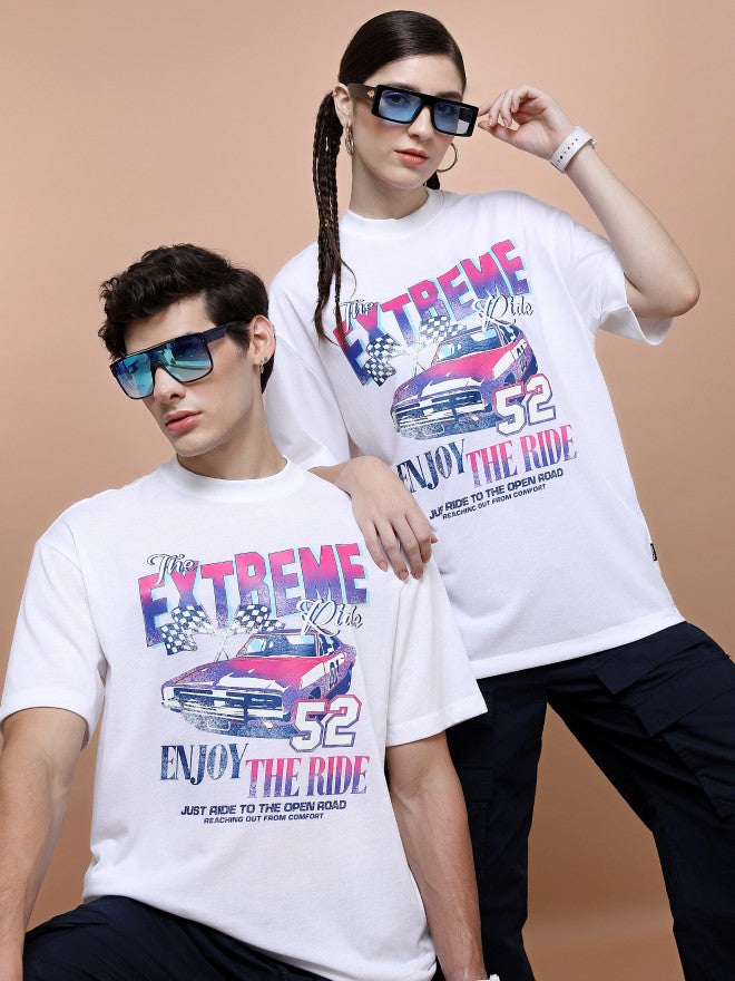 Highlander Unisex White Round Neck Printed Oversized Fit T-Shirt - White - Image 1