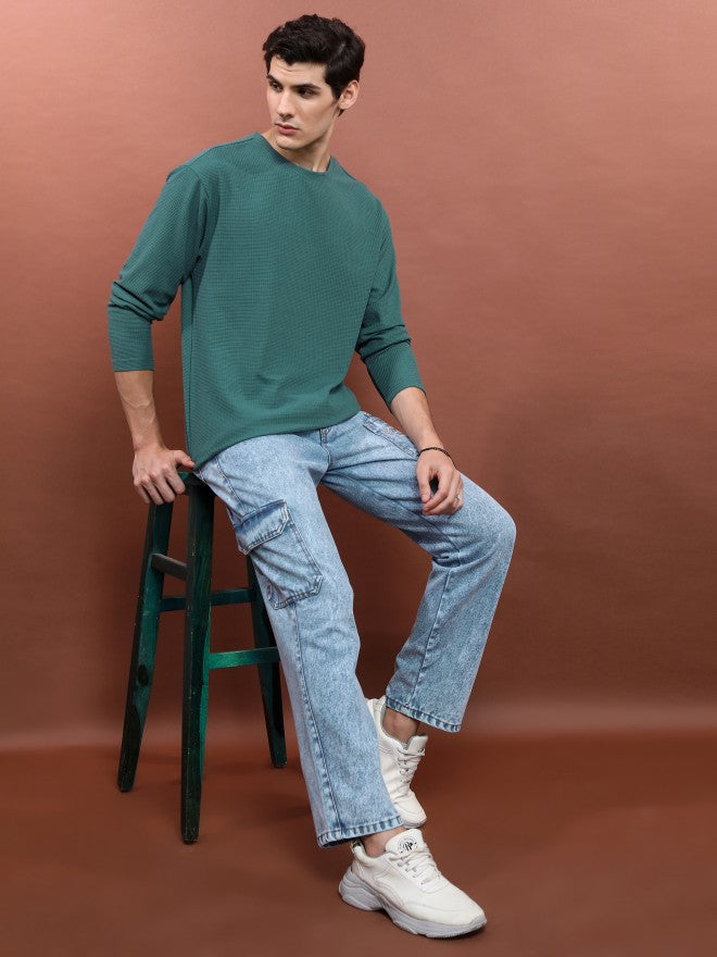 Highlander Men Teal Round Neck Solid Oversized Fit T-Shirt - Teal - Image 2