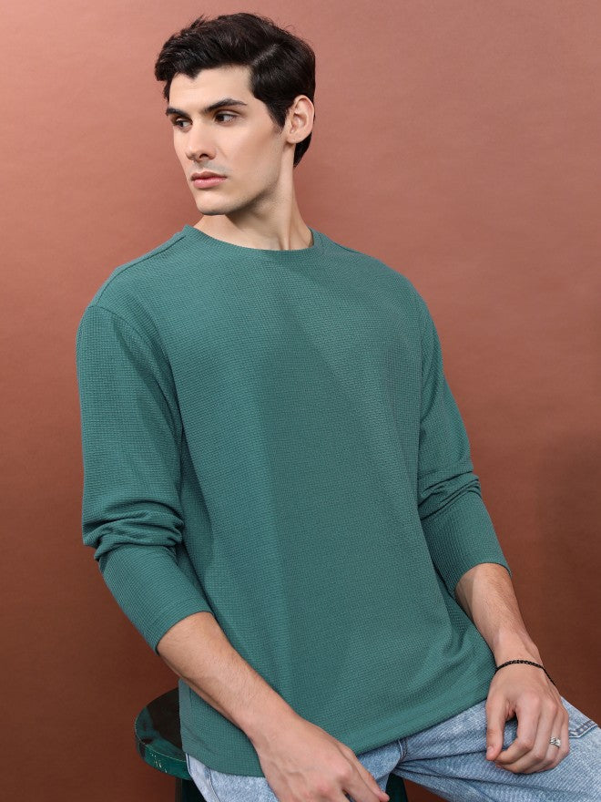 Highlander Men Teal Round Neck Solid Oversized Fit T-Shirt - Teal - Image 6