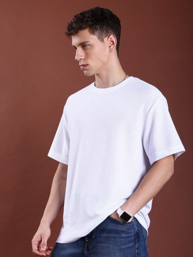 Highlander Men White Solid Round Neck Oversized Fit T-Shirt - White - Image 4