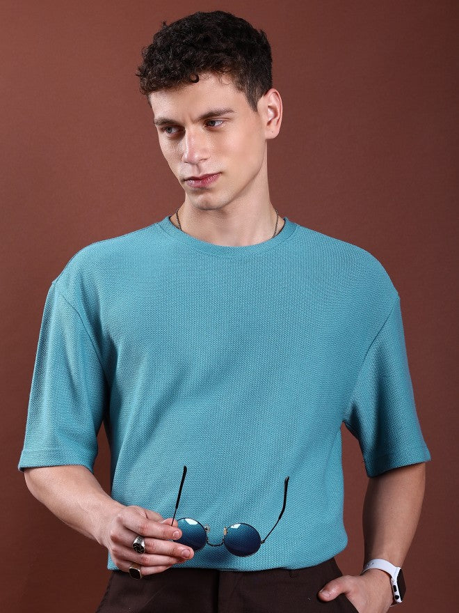 Highlander Men Blue Solid Round Neck Oversized Fit T-Shirt - Blue - Image 1