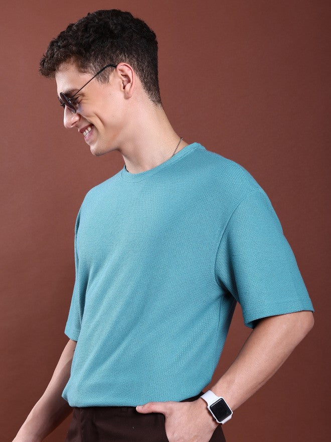 Highlander Men Blue Solid Round Neck Oversized Fit T-Shirt - Blue - Image 4