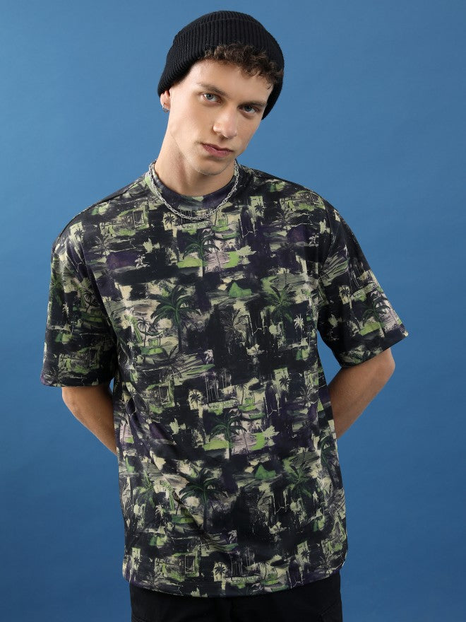 Highlander Unisex Black/Green Printed Oversized Fit T-Shirt - Black - Image 1