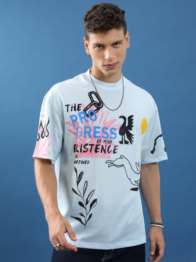 Highlander Unisex Blue Printed Oversized Fit T-Shirt - Blue - Image 1