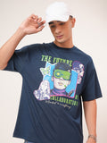 Highlander Men Navy Blue Printed Oversized Fit Round Neck T-Shirt - Navy Blue - Image 1