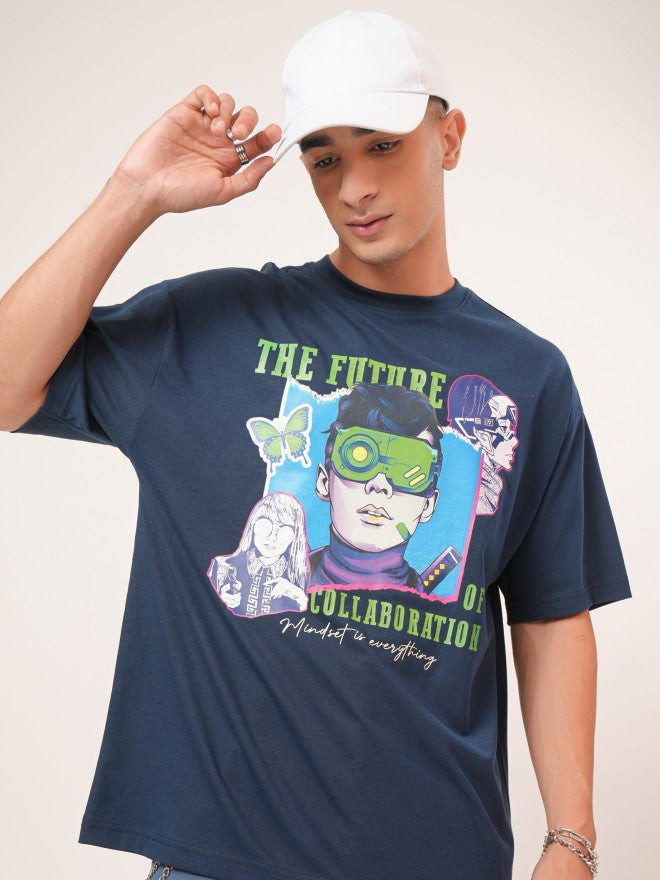 Highlander Men Navy Blue Printed Oversized Fit Round Neck T-Shirt - Navy Blue - Image 1
